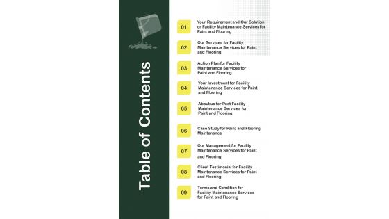 Table Of Contents Facility Maintenance Services For Paint And Flooring One Pager Sample Example Document