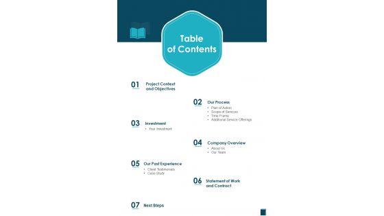 Table Of Contents Factual Book Proposal One Pager Sample Example Document