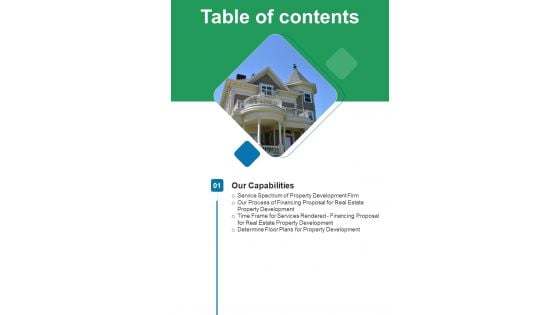 Table Of Contents Financing Proposal For Real Estate Property Development One Pager Sample Example Document Table Of Contents Financing Proposal For Real Estate Property Development One Pager Sample Example Document