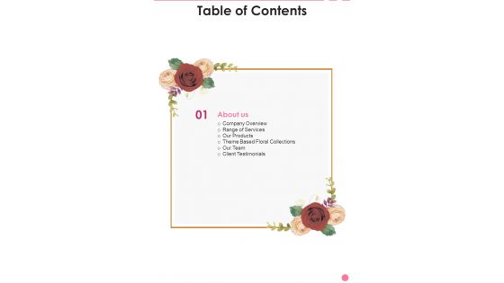 Table Of Contents Floral Decorations Service Proposal One Pager Sample Example Document