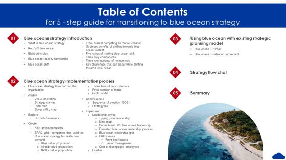 Table Of Contents For 5 Step Guide For Transitioning To Blue Ocean Strategy Brochure PDF