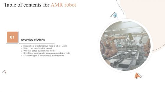 Table Of Contents For AMR Robot Benefits Ppt PowerPoint Presentation File Background Images PDF