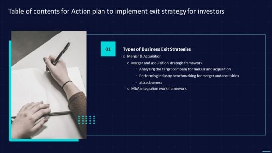 Table Of Contents For Action Plan To Implement Exit Strategy For Investors Target Graphics PDF