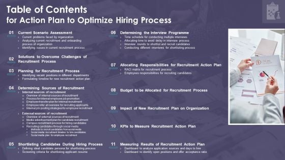 Table Of Contents For Action Plan To Optimize Hiring Process Background PDF