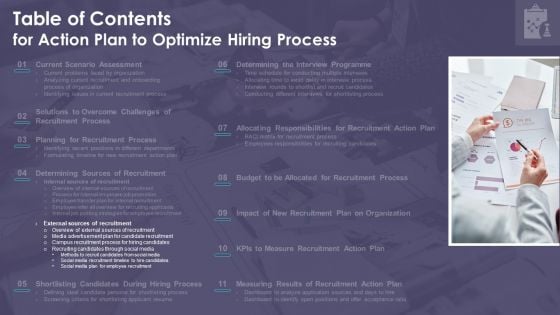 Table Of Contents For Action Plan To Optimize Hiring Process Slide Inspiration PDF