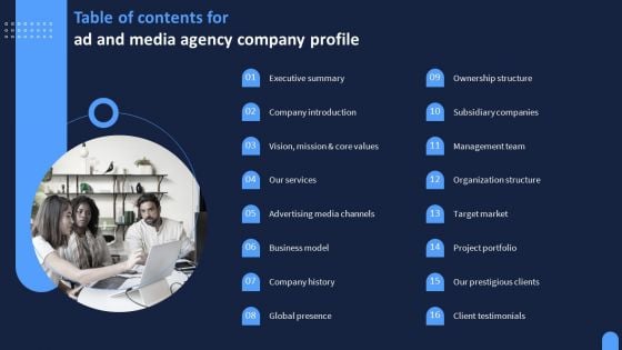 Table Of Contents For Ad And Media Agency Company Profile Infographics PDF