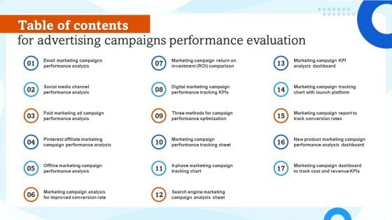 Table Of Contents For Advertising Campaigns Performance Evaluation Ppt Inspiration Maker PDF