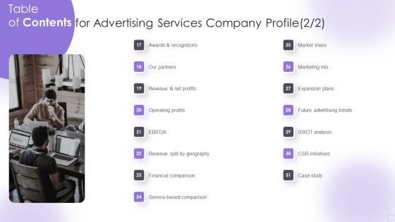 Table Of Contents For Advertising Services Company Profile Rules PDF