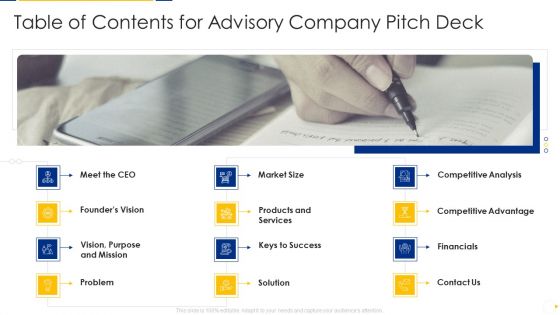 Table Of Contents For Advisory Company Pitch Deck Ppt Icon Shapes PDF