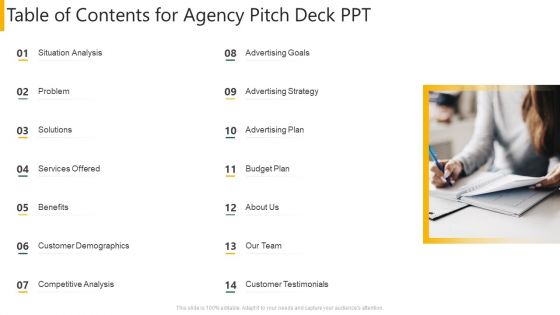 Table Of Contents For Agency Pitch Deck Ppt Ppt Gallery Infographic Template PDF