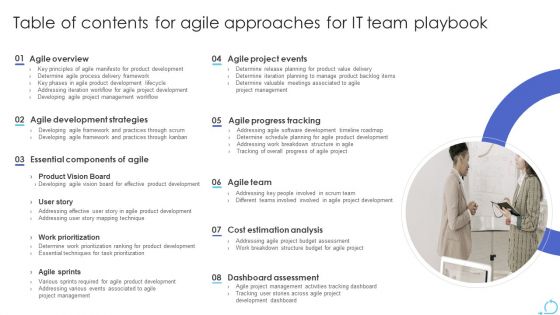 Table Of Contents For Agile Approaches For IT Team Playbook Sample PDF