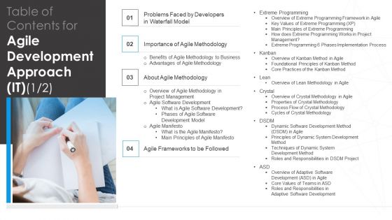 Table Of Contents For Agile Development Approach IT Infographics PDF