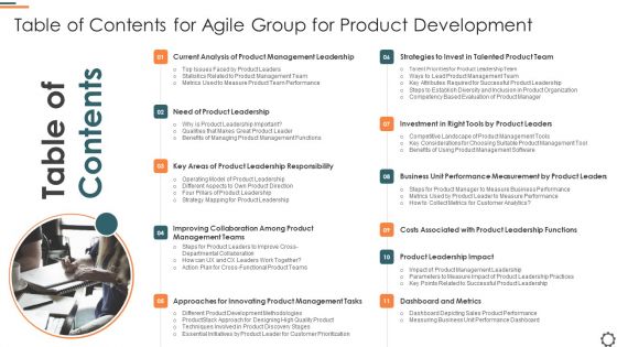 Table Of Contents For Agile Group For Product Development Professional PDF