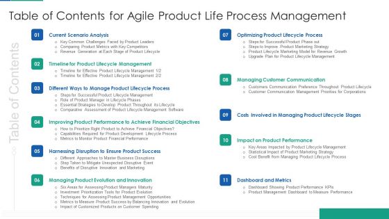 Table Of Contents For Agile Product Life Process Management Slides PDF
