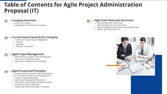 Table Of Contents For Agile Project Administration Proposal IT Ppt Infographics Introduction PDF