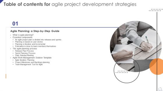 Table Of Contents For Agile Project Development Strategies Slide Template PDF