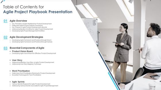 Table Of Contents For Agile Project Playbook Presentation Formats PDF