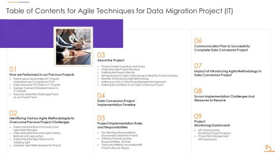 Table Of Contents For Agile Techniques For Data Migration Project IT Summary PDF