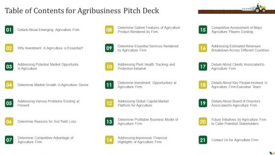 Table Of Contents For Agribusiness Pitch Deck Ppt PowerPoint Presentation Gallery Sample PDF