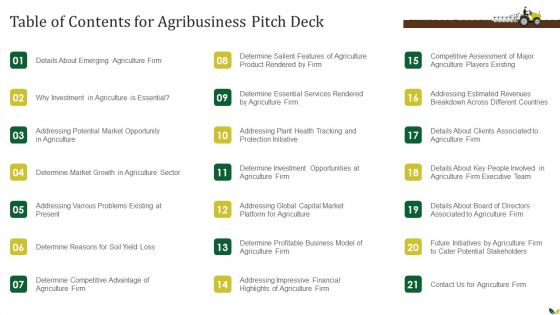 Table Of Contents For Agribusiness Pitch Deck Ppt PowerPoint Presentation Gallery Sample PDF Table Of Contents For Agribusiness Pitch Deck Ppt PowerPoint Presentation Gallery Sample PDF