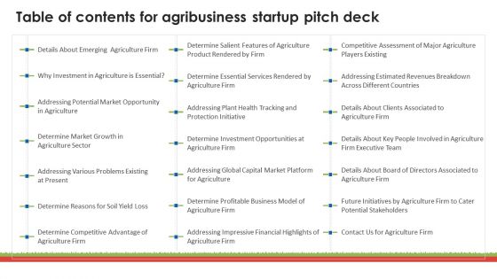 Table Of Contents For Agribusiness Startup Pitch Deck Graphics PDF