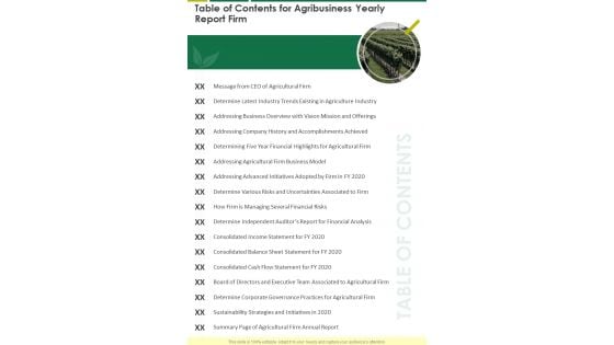Table Of Contents For Agribusiness Yearly Report Firm One Pager Documents Table Of Contents For Agribusiness Yearly Report Firm One Pager Documents