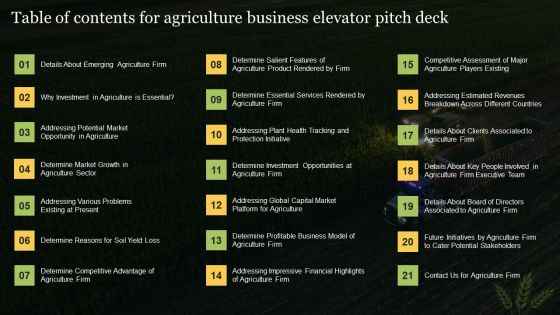 Table Of Contents For Agriculture Business Elevator Pitch Deck Icons PDF