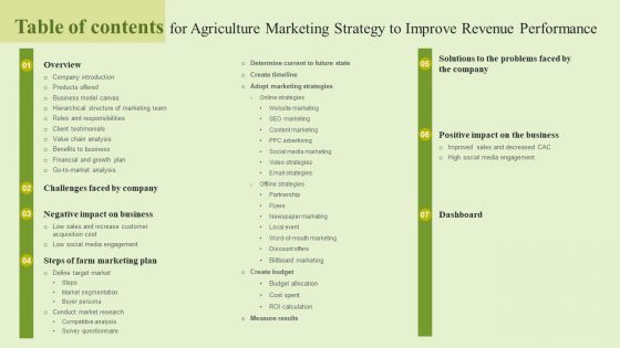 Table Of Contents For Agriculture Marketing Strategy To Improve Revenue Performance Icons PDF