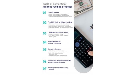 Table Of Contents For Alliance Funding Proposal One Pager Sample Example Document