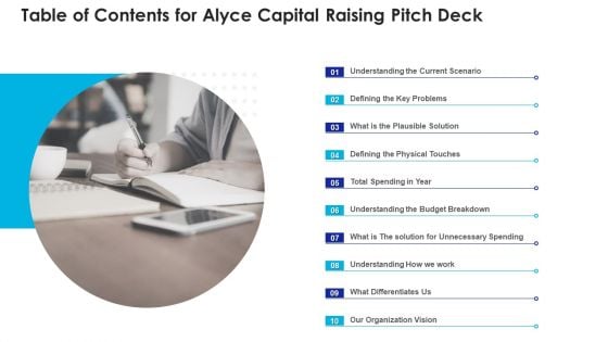 Table Of Contents For Alyce Capital Raising Pitch Deck Information PDF