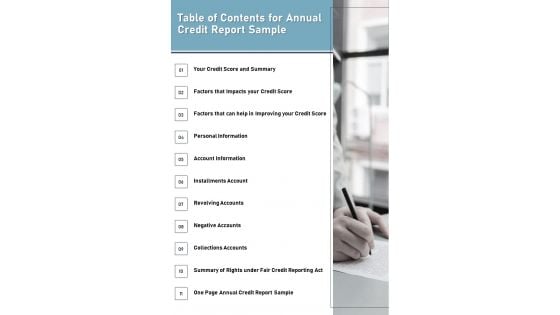 Table Of Contents For Annual Credit Report Sample One Pager Documents Table Of Contents For Annual Credit Report Sample One Pager Documents