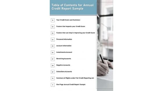 Table Of Contents For Annual Credit Report Sample One Pager Documents