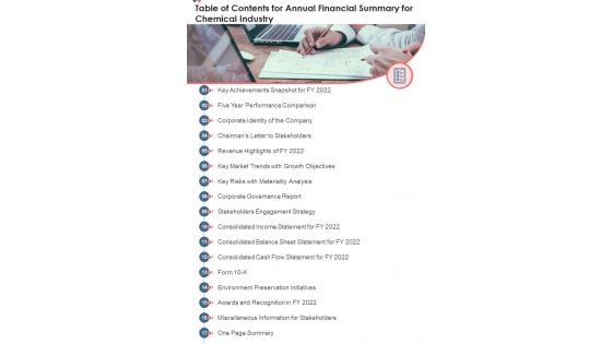 Table Of Contents For Annual Financial Summary For Chemical Industry One Pager Documents Table Of Contents For Annual Financial Summary For Chemical Industry One Pager Documents