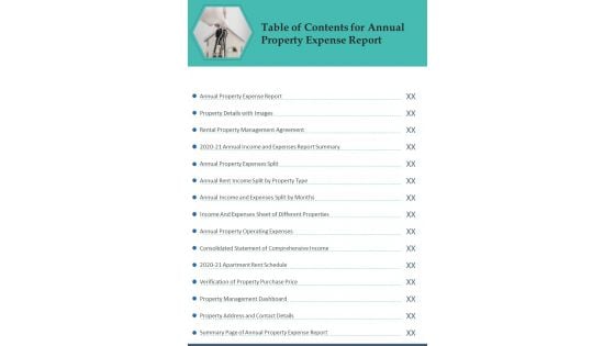 Table Of Contents For Annual Property Expense Report One Pager Documents Table Of Contents For Annual Property Expense Report One Pager Documents