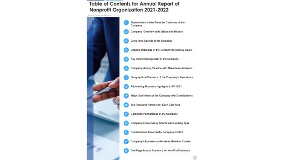 Table Of Contents For Annual Report Of Nonprofit Organization 2021 2022 One Pager Documents