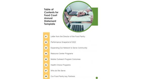 Table Of Contents For Annual Statement Template One Pager Documents