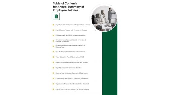 Table Of Contents For Annual Summary Of Employee Salaries One Pager Documents Table Of Contents For Annual Summary Of Employee Salaries One Pager Documents