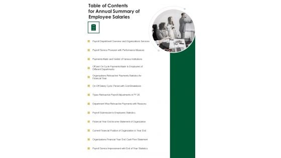 Table Of Contents For Annual Summary Of Employee Salaries One Pager Documents