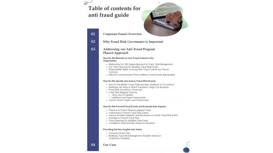 Table Of Contents For Anti Fraud Guide One Pager Sample Example Document