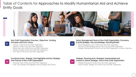 Table Of Contents For Approaches To Modify Humanitarian Aid And Achieve Entity Goals Slides PDF