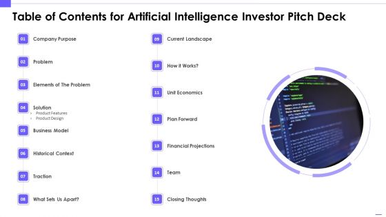 Table Of Contents For Artificial Intelligence Investor Pitch Deck Slides PDF Table Of Contents For Artificial Intelligence Investor Pitch Deck Slides PDF