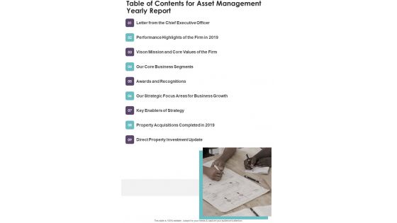 Table Of Contents For Asset Management Yearly Report One Pager Documents Table Of Contents For Asset Management Yearly Report One Pager Documents