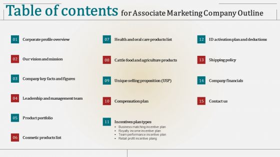 Table Of Contents For Associate Marketing Company Outline Pictures PDF Table Of Contents For Associate Marketing Company Outline Pictures PDF