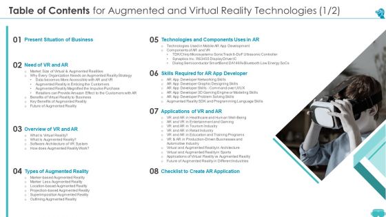 Table Of Contents For Augmented And Virtual Reality Technologies Demonstration PDF