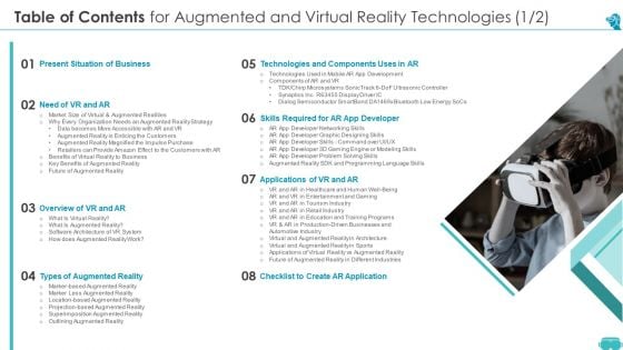 Table Of Contents For Augmented And Virtual Reality Technologies Demonstration PDF Table Of Contents For Augmented And Virtual Reality Technologies Demonstration PDF