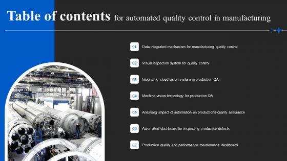 Table Of Contents For Automated Quality Control In Manufacturing Template PDF