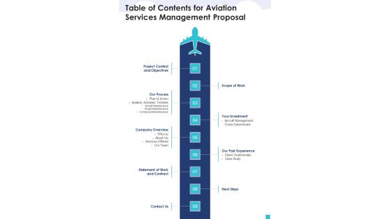 Table Of Contents For Aviation Services Management Proposal One Pager Sample Example Document Table Of Contents For Aviation Services Management Proposal One Pager Sample Example Document
