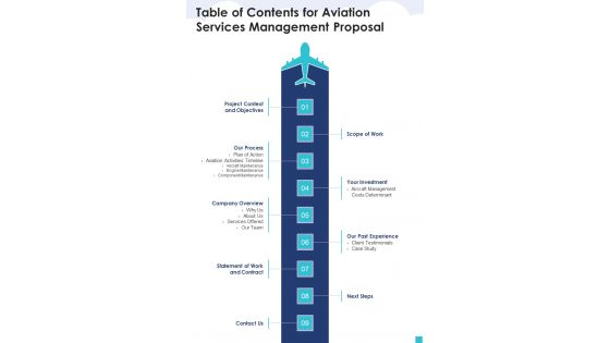 Table Of Contents For Aviation Services Management Proposal One Pager Sample Example Document