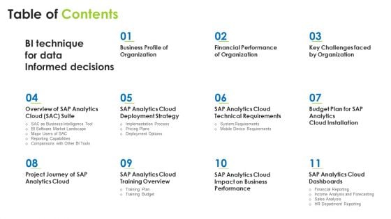 Table Of Contents For BI Technique For Data Informed Decisions Brochure PDF