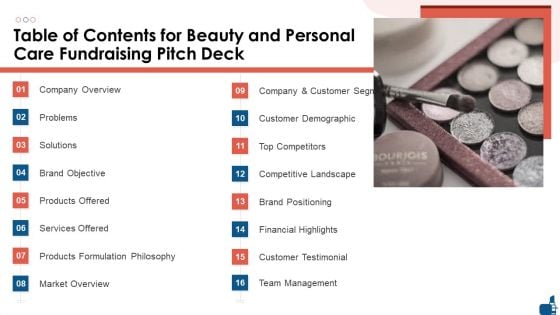 Table Of Contents For Beauty And Personal Care Fundraising Pitch Deck Ideas PDF